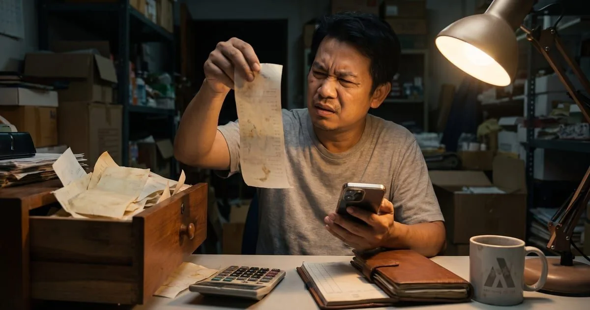 เจ้าของกิจการถือใบเสร็จกระดาษที่สีซีดจางจนอ่านแทบไม่ออก อีกมือถือโทรศัพท์เตรียมถ่ายรูปเก็บไว้