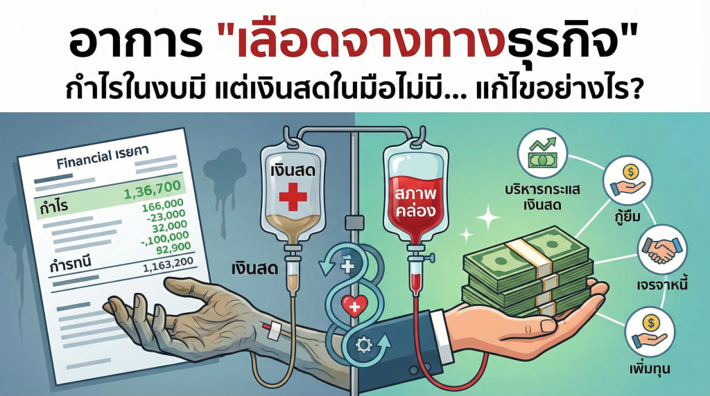 ภาพเปรียบเทียบธุรกิจที่ขาดสภาพคล่องกับผู้ป่วยที่ต้องให้น้ำเกลือ ด้านซ้ายเป็นมือซีดถืองบการเงินที่มีกำไรแต่ไม่มีเงินสด ด้านขวาเป็นมือที่ได้รับเงินสดคืนพร้อมแนวทางแก้ไข 4 ทาง