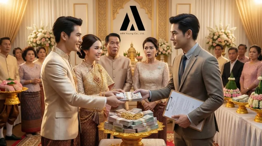 ภาพเจ้าบ่าวเจ้าสาวที่กำลังจะส่งเงินสินสอดให้กับพ่อแม่ แต่กลับต้องเอาเงินไปจ่ายภาษีก่อน
